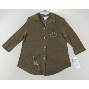 Vintage Nina Piccalino Shirt Womens 14 Green 3/4 Sleeve Wearable Art Made in USA